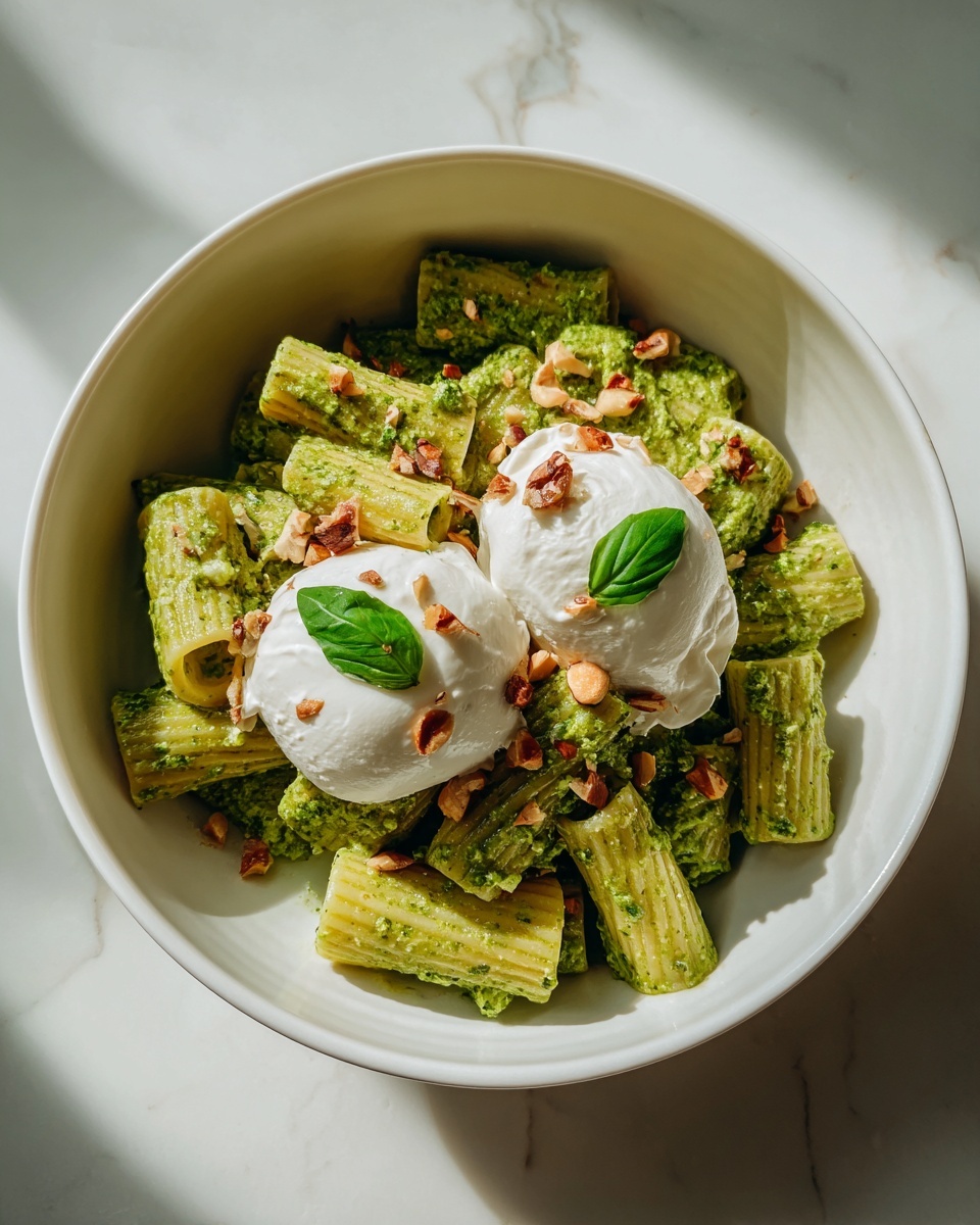 Creamy One Pot Rigatoni with Basil-Pistachio Pesto & Burrata Recipe - Recipe Image