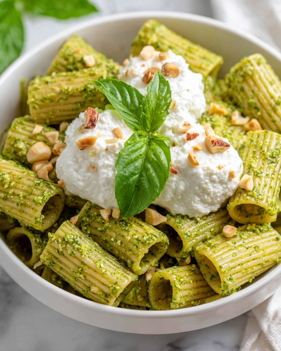 Creamy One Pot Rigatoni with Basil-Pistachio Pesto & Burrata Recipe - Recipe Image