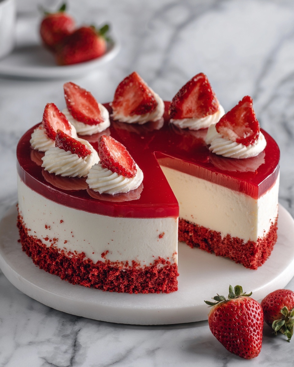 Red Velvet Strawberry Cheesecake Layered Cake Recipe - Recipe Image