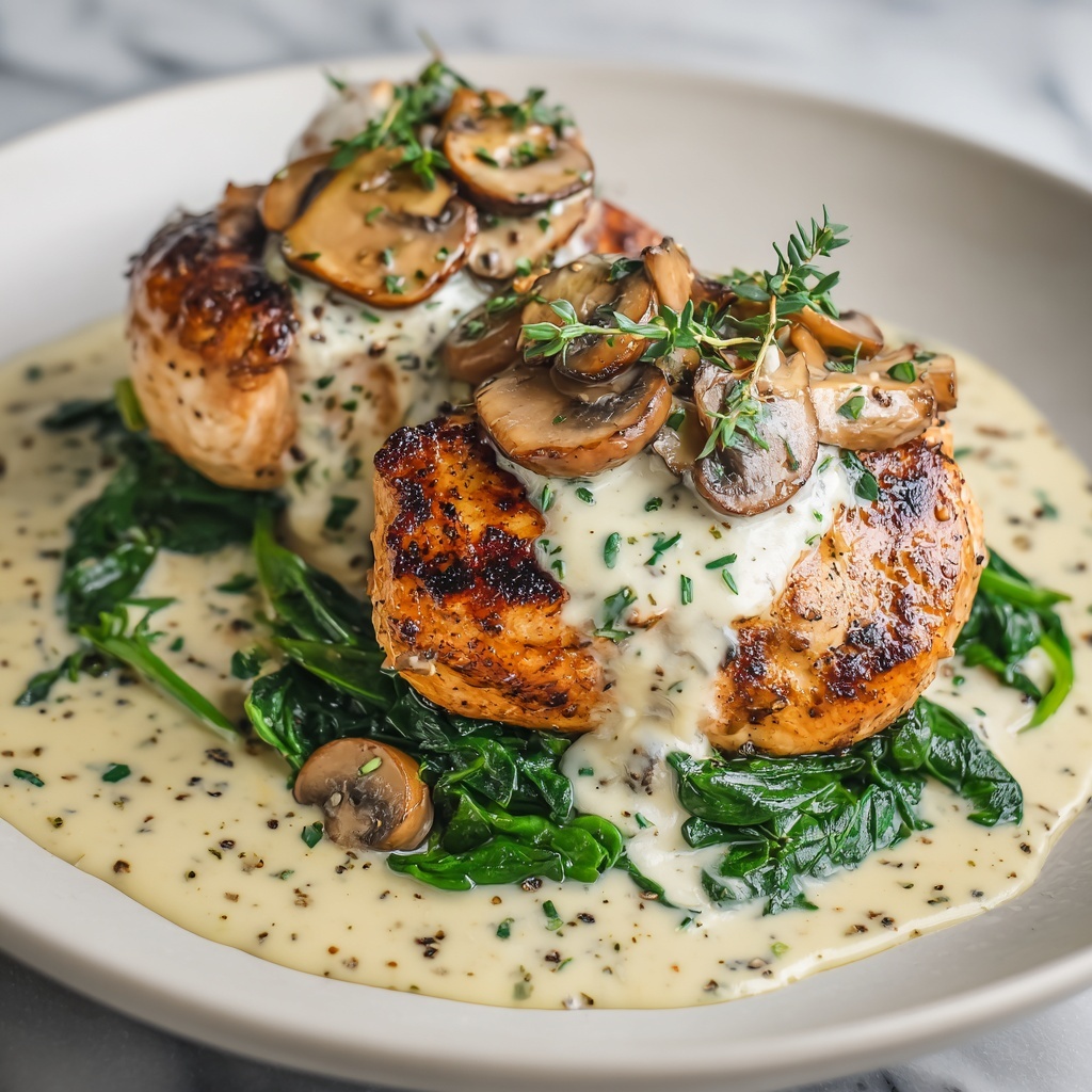 Chicken with Spinach and Mushrooms in Creamy Parmesan Sauce Recipe - Recipe Image