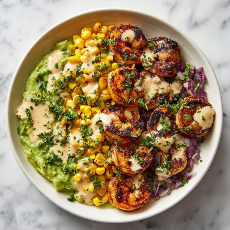 Grilled Shrimp Bowl with Avocado Corn Salsa & Creamy Garlic Sauce Recipe