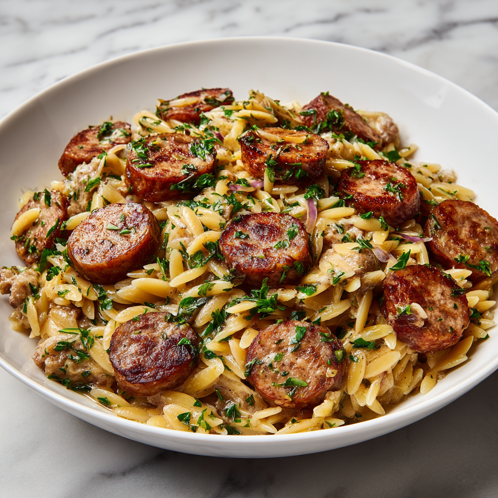 Creamy Chicken Sausage Orzo Recipe - Recipe Image