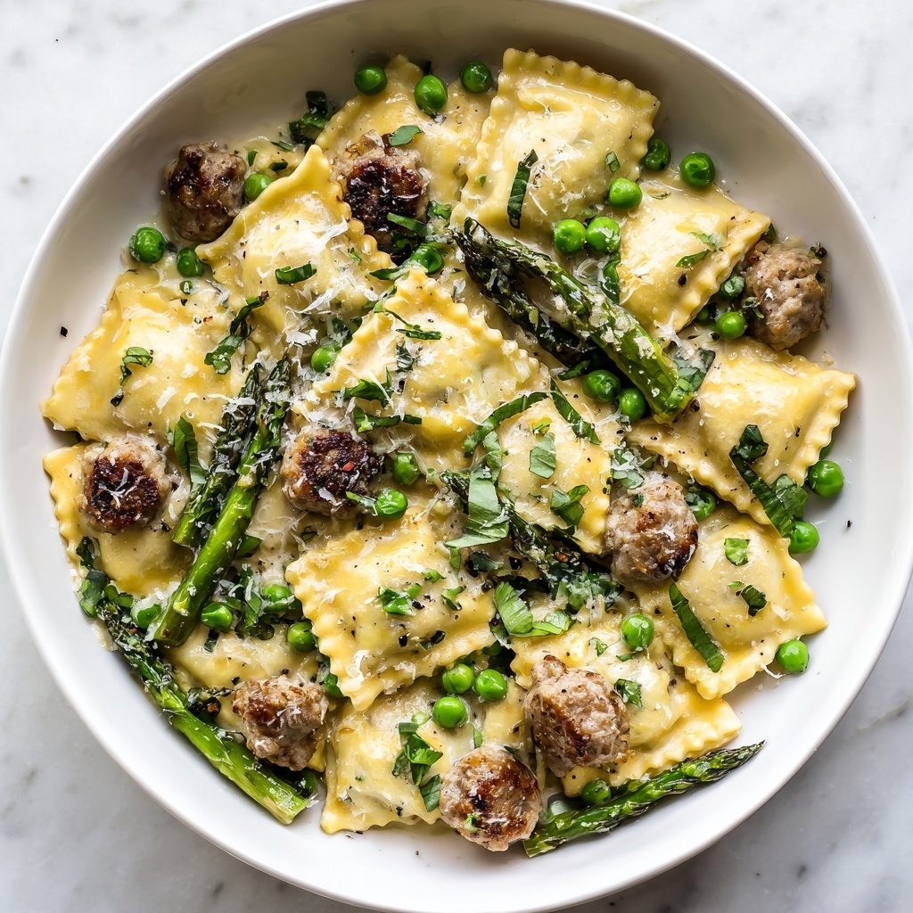 Asparagus Ravioli with Sausage and Peas Recipe - Recipe Image