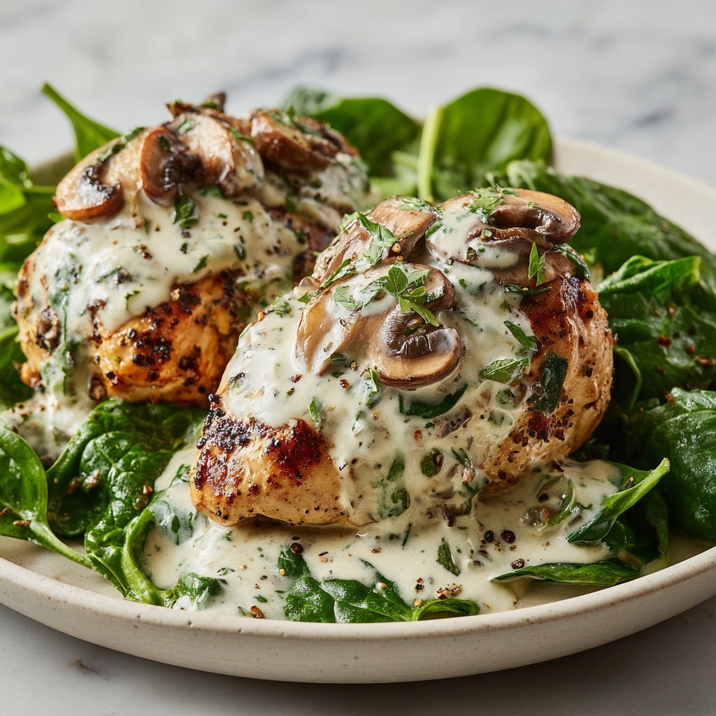 Chicken with Spinach and Mushrooms in Creamy Parmesan Sauce Recipe - Recipe Image