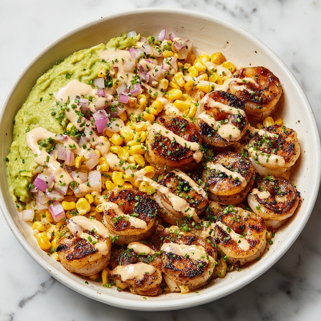 Grilled Shrimp Bowl with Avocado Corn Salsa & Creamy Garlic Sauce Recipe - Recipe Image