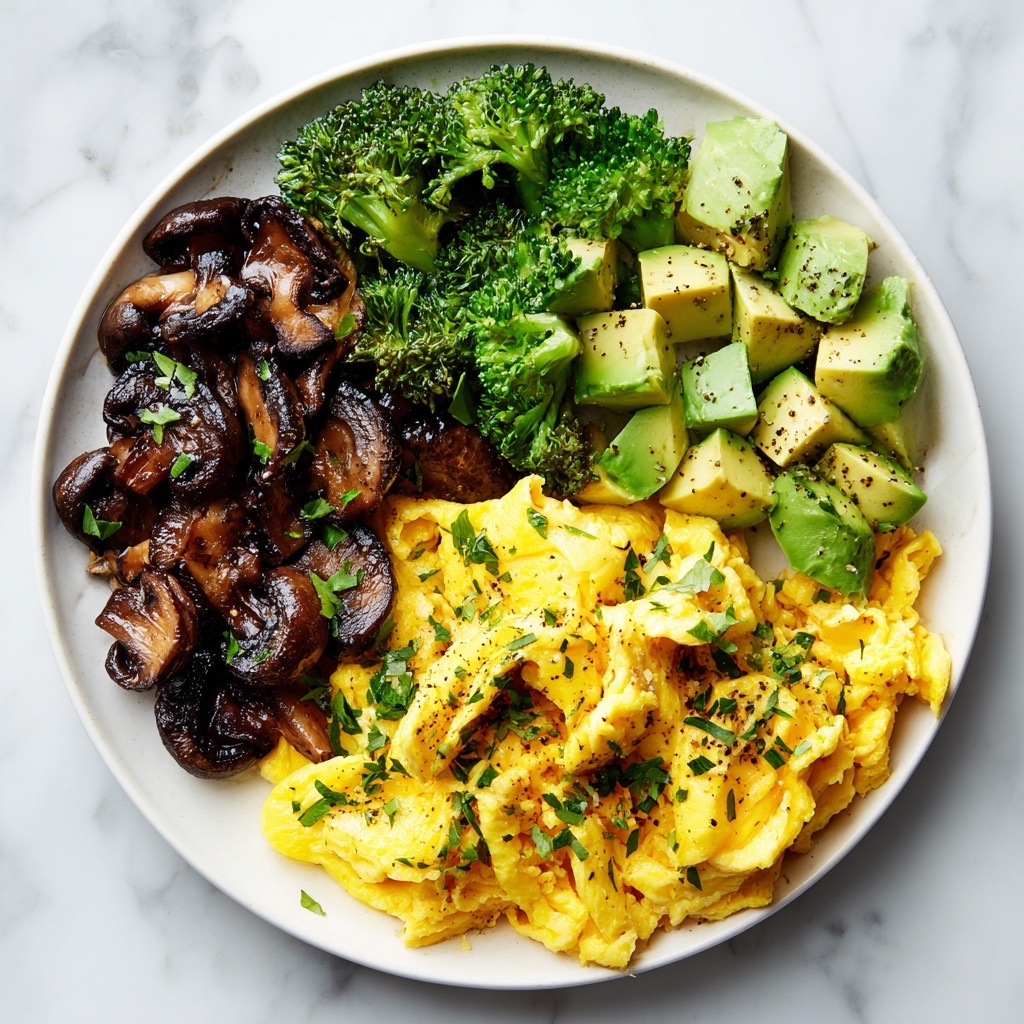 Keto Breakfast Plate with Creamy Scrambled Eggs, Mushrooms & Avocado Recipe - Recipe Image