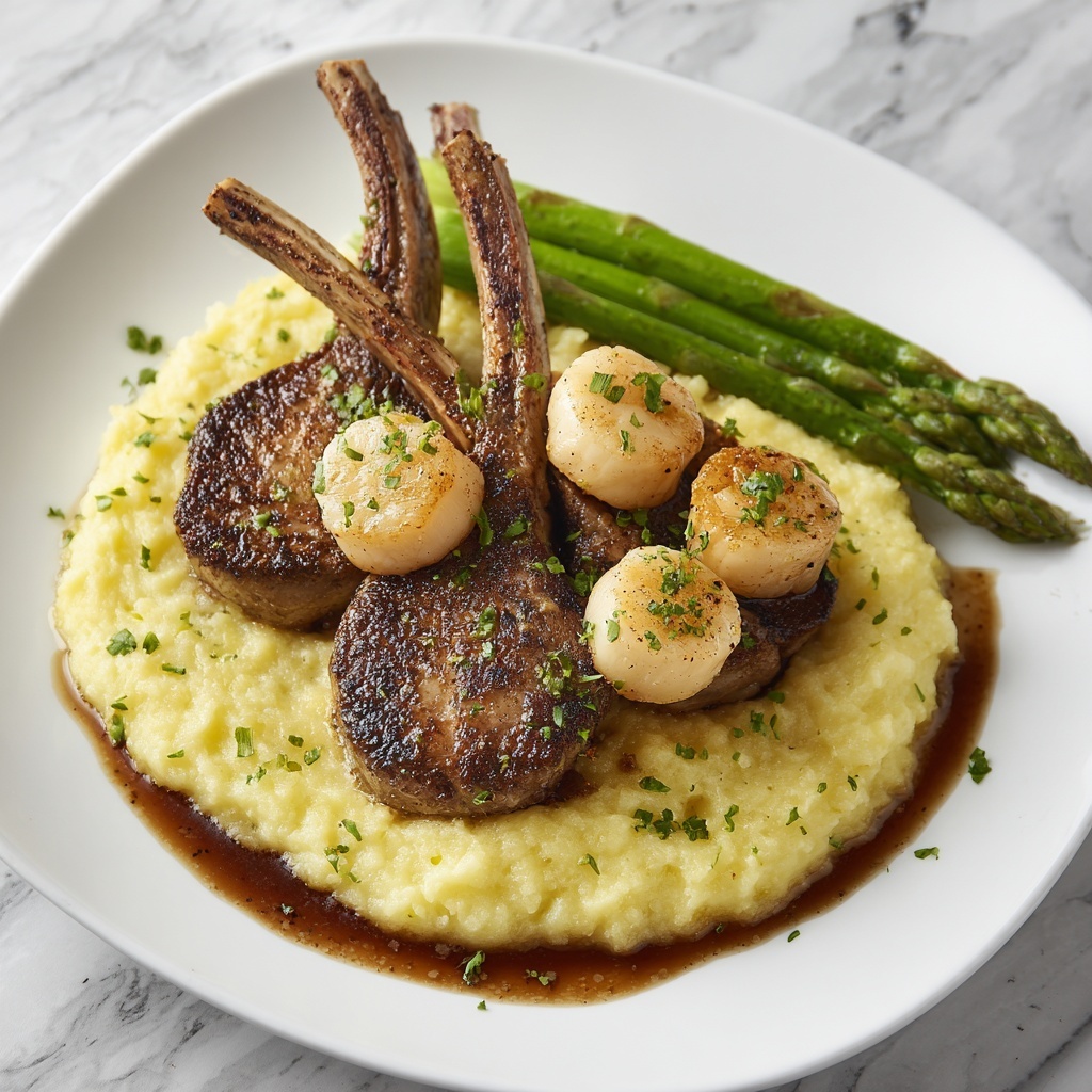 Lamb Chops over Lobster Mash with Asparagus Recipe - Recipe Image