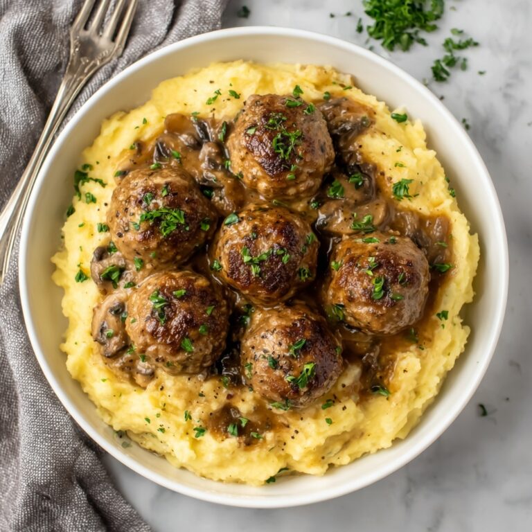 Mashed Potatoes with Meatball Mushroom Stew Recipe