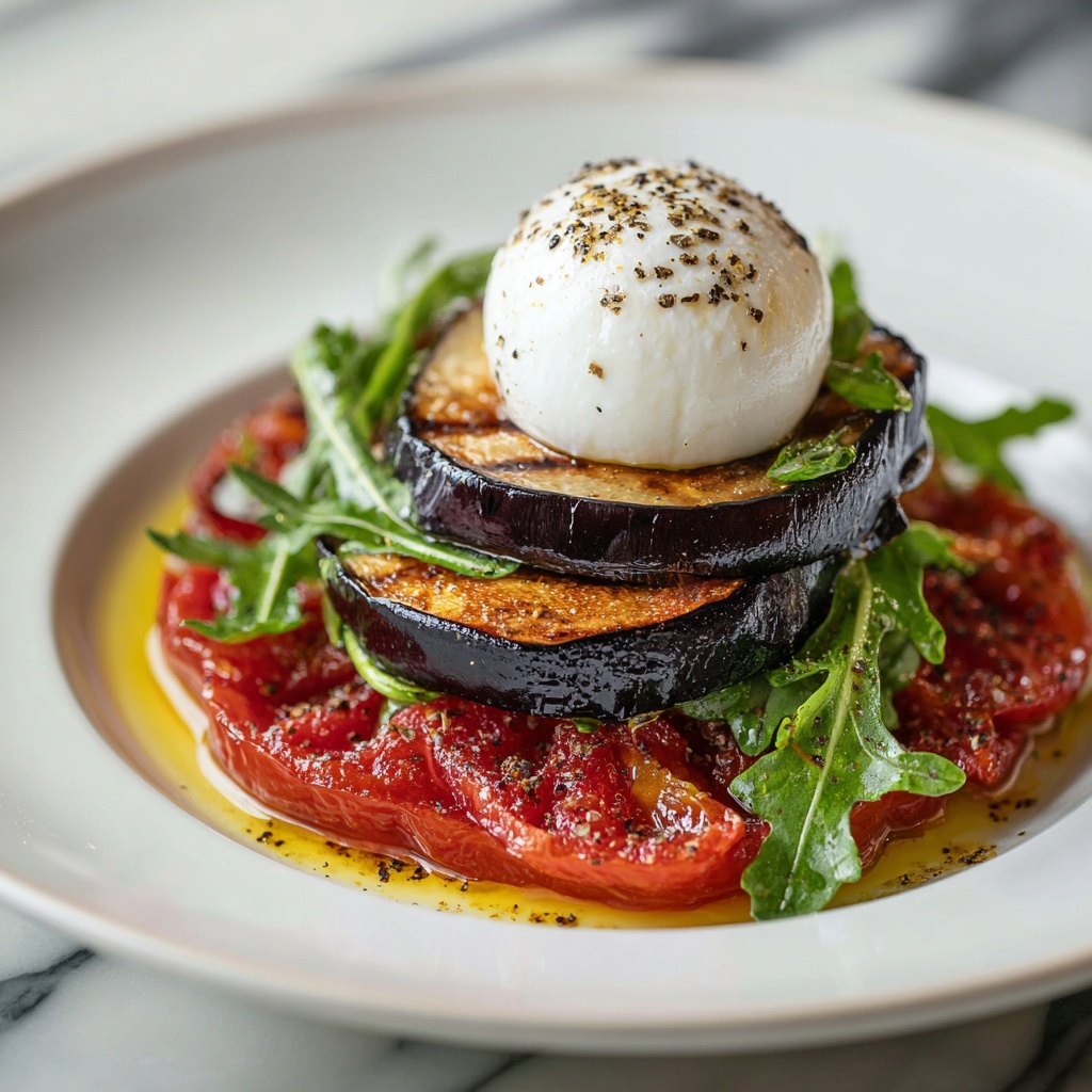 Grilled Eggplant Ratatouille with Fresh Cheese and Arugula Recipe - Recipe Image