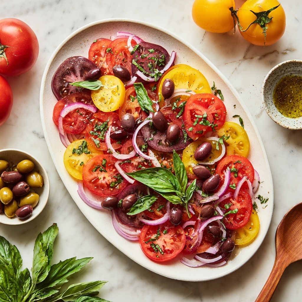 Heirloom Tomato Salad with Fresh Basil and Kalamata Olives Recipe - Recipe Image