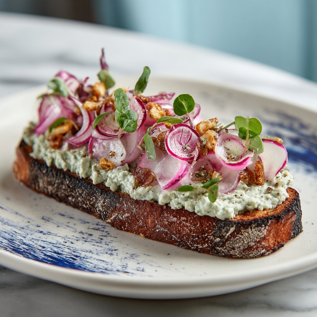 Cilantro Lime Edamame Toast with Pickled Onion Radish Salad Recipe - Recipe Image